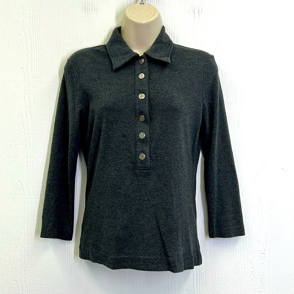 Tory Burch - Gray Three Quarter Sleeve Silver Logo Button Henley Size Small